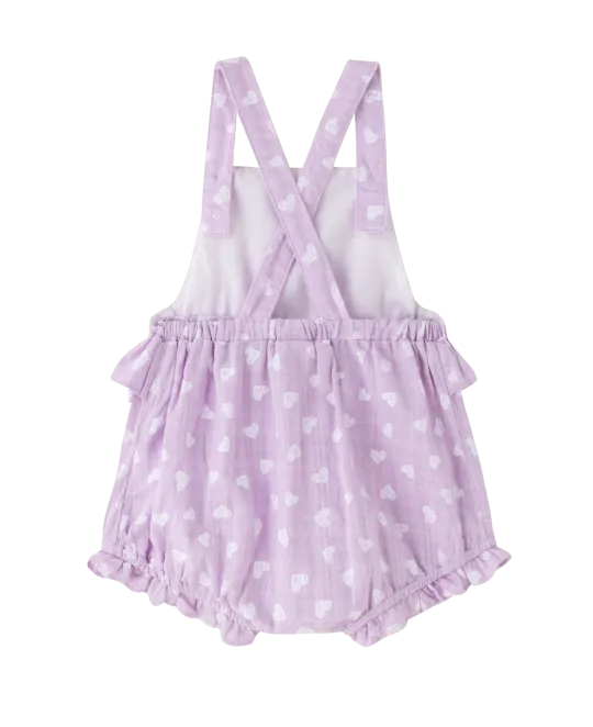 Lavender baby romper with white polka dots and ruffled leg openings