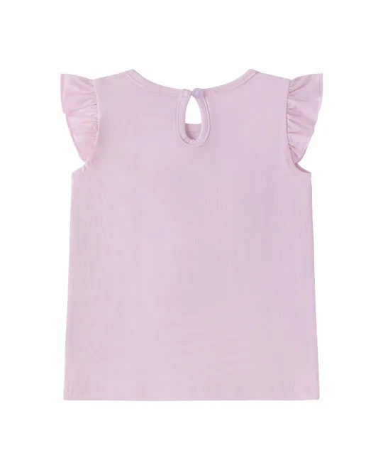 Pink short-sleeve top with ruffled cap sleeves and keyhole back closure