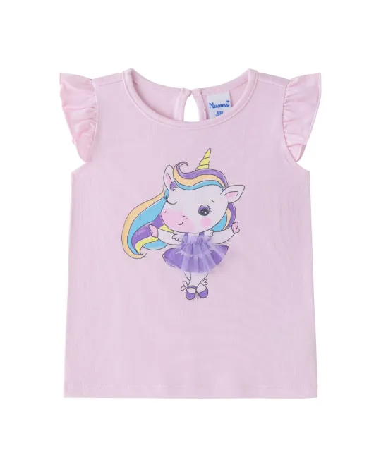 Pink short-sleeve shirt with ruffled shoulders and floral unicorn graphic