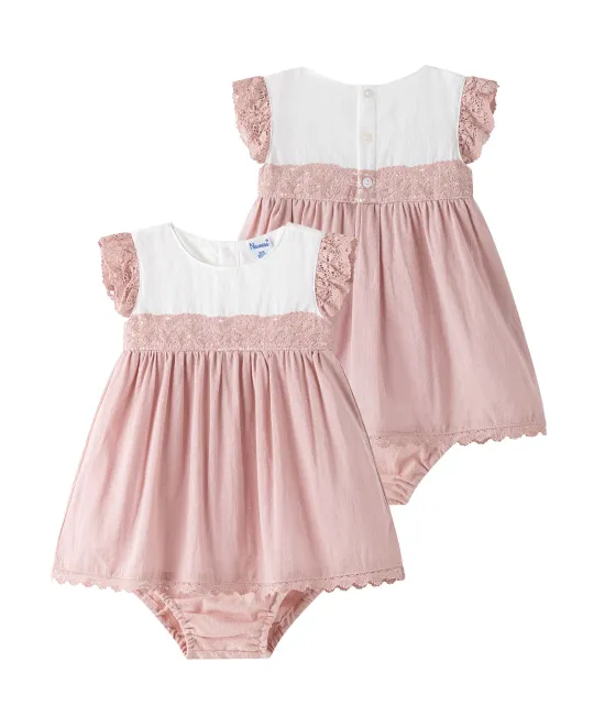 Pink baby romper with white contrasting top and ruffle sleeves shown front and back