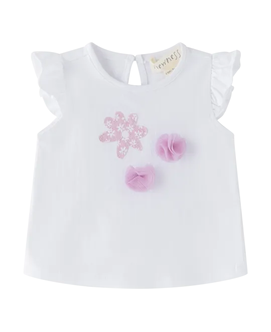 White baby top with flutter sleeves and pink floral appliqués