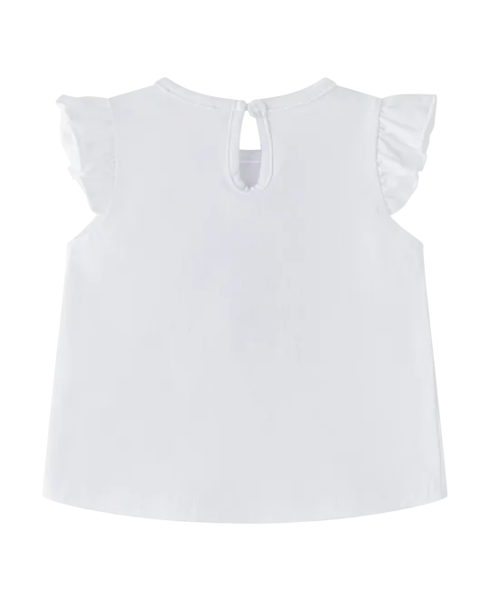 White short-sleeve top with flutter sleeves and keyhole back closure