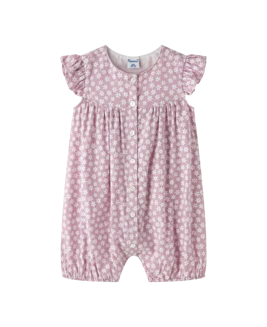 Pink floral print baby romper with flutter sleeves and button front