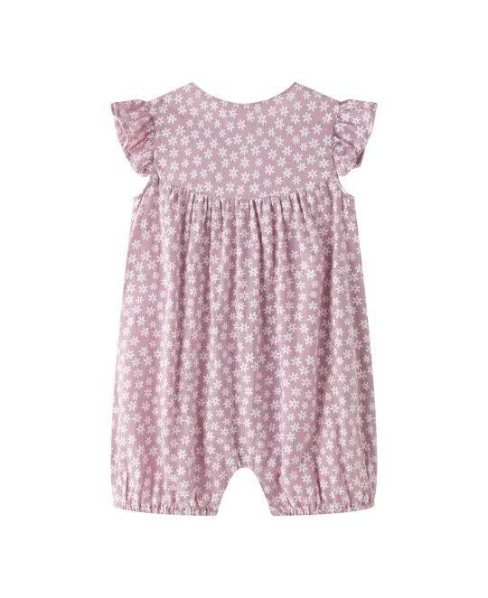 Pink and white polka dot baby romper with short sleeves and gathered chest