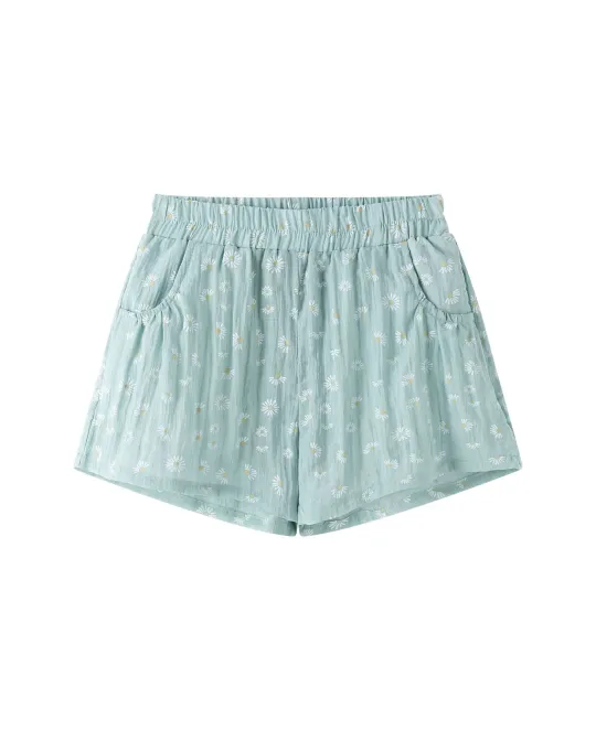 Light blue striped shorts with elastic waistband and side pockets