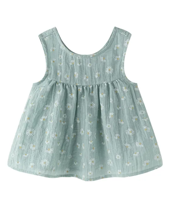 Sage green sleeveless baby dress with floral embroidery