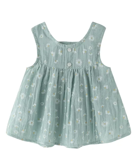 Sage green sleeveless baby dress with white floral embroidery and gathered bodice