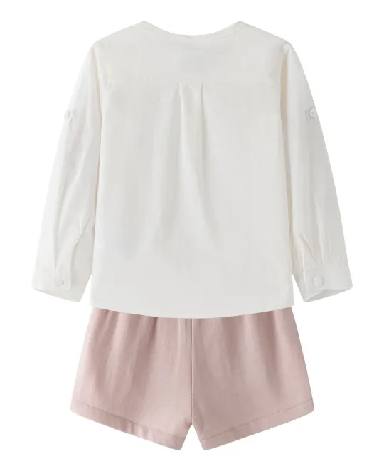 White long-sleeve top with pink shorts outfit set
