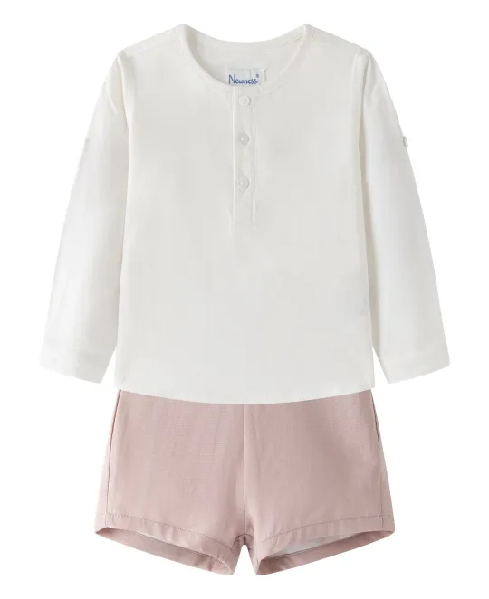 White long-sleeve top with pink shorts outfit set for children
