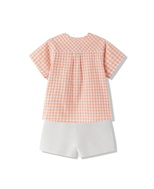 Orange and white gingham check short-sleeve top with white shorts outfit set
