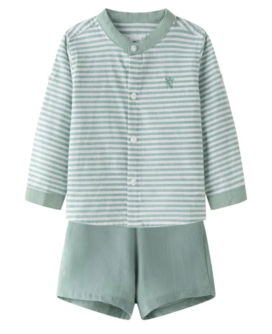 Sage green striped long-sleeve top with matching solid shorts pajama set