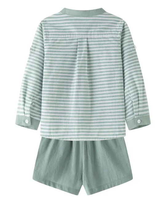 Green and white striped long-sleeve top with matching green shorts pajama set