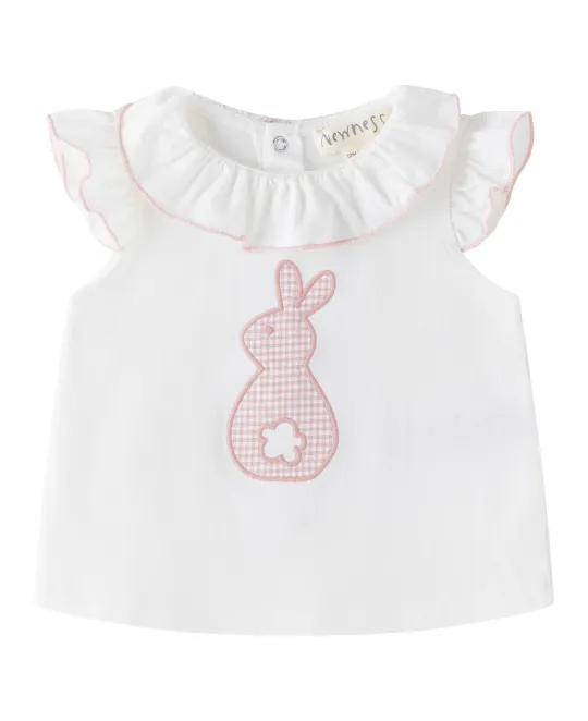 White baby top with ruffle collar and pink gingham bunny appliqué