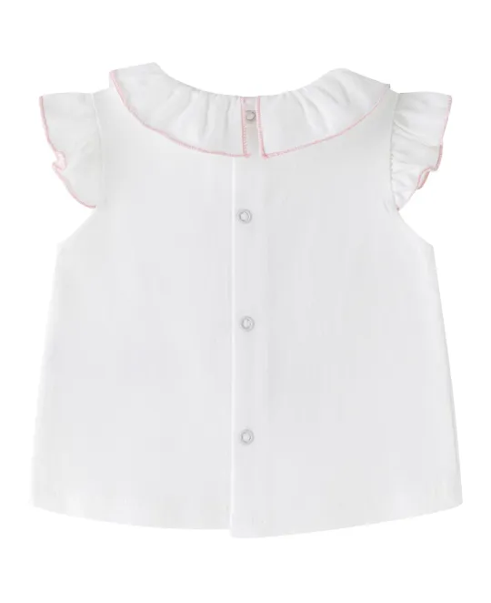 White baby blouse with peter pan collar, flutter sleeves, and button front closure