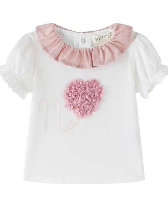 White baby top with pink ruffled collar and floral heart detail