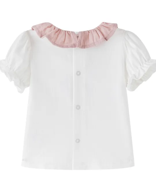White blouse with pink ruffle collar and puffed sleeves