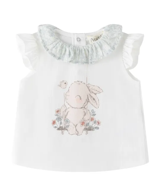 White baby top with ruffled collar and bunny graphic