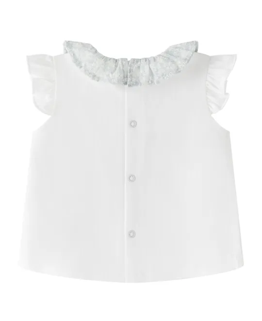 White baby blouse with ruffled collar and flutter sleeves