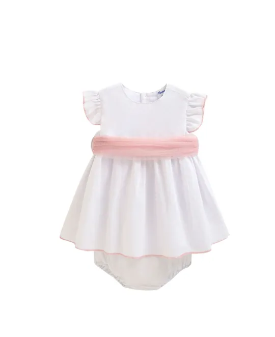 White baby dress with pink smocked waist and matching bloomers