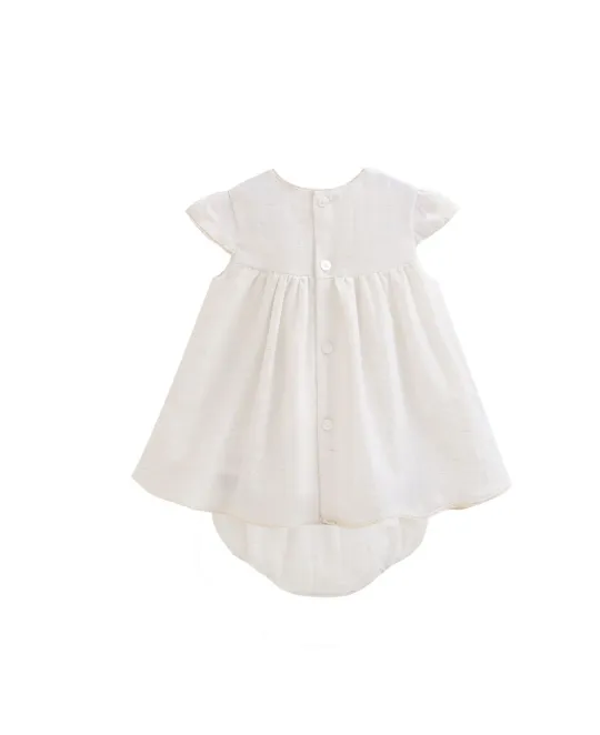 White baby dress with short sleeves and matching bloomers