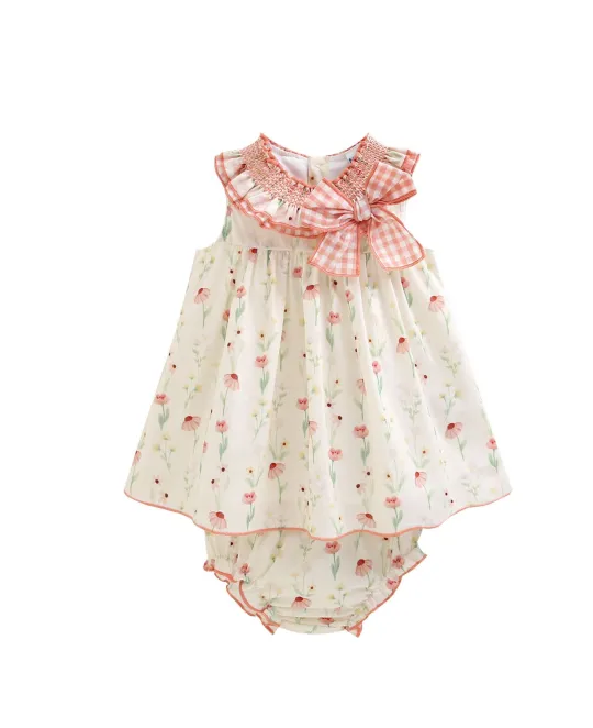 White dress with pink gingham collar and floral print, matching bloomers included
