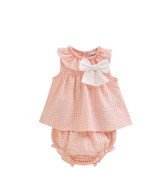 Pink gingham sleeveless baby dress with white bow and matching bloomers