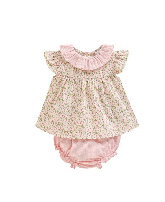 Floral print baby dress with pink collar and matching bloomers