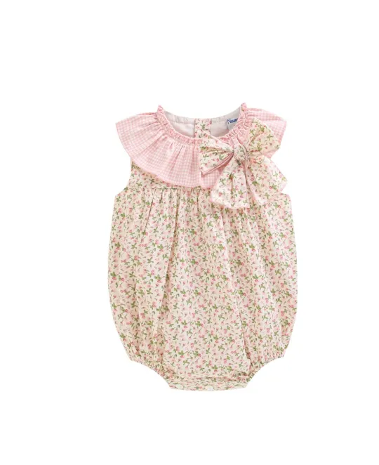 Pink and floral print baby bubble romper with bow detail at neckline