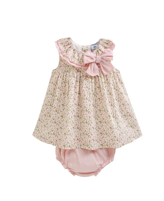 Baby dress with pink floral pattern and matching bloomers