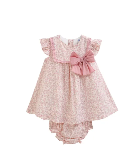 Pink polka dot baby dress with matching bloomers and bow detail