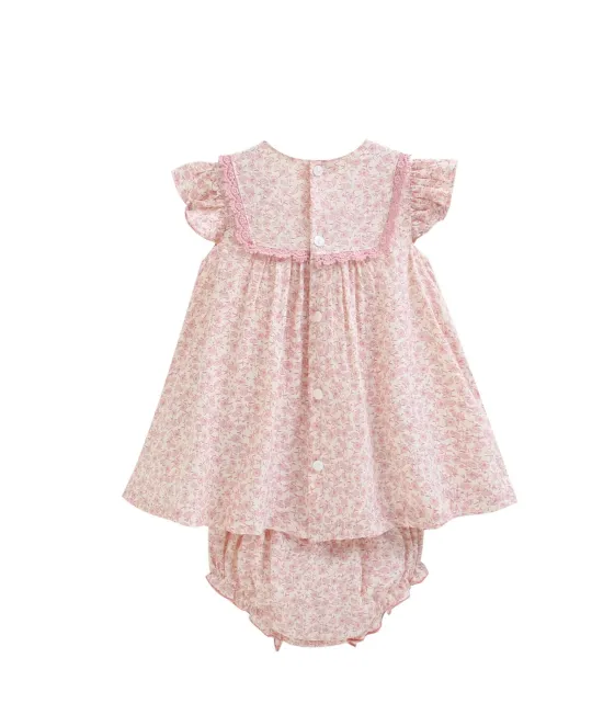 Pink floral dress with ruffled sleeves and matching bloomers