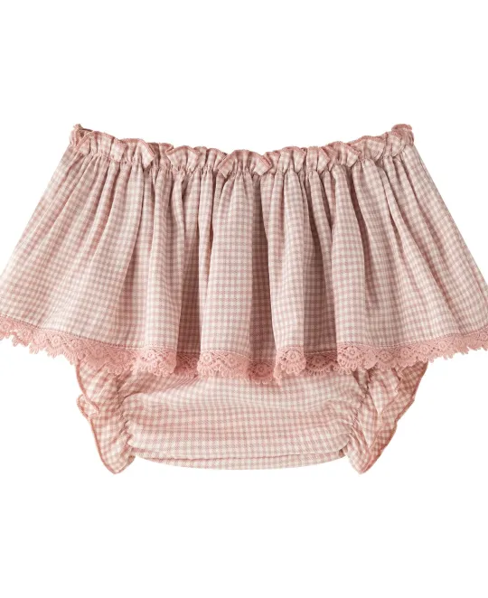 Pink gingham baby bloomers with lace trim