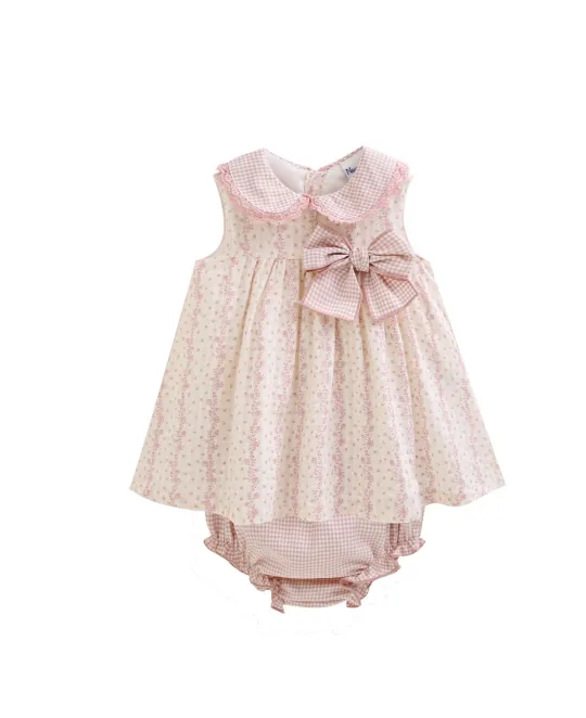Pink sleeveless dress with bow detail and matching bloomers