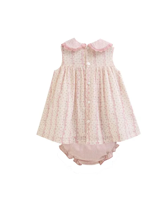Pink gingham baby dress with matching bloomers and bow collar