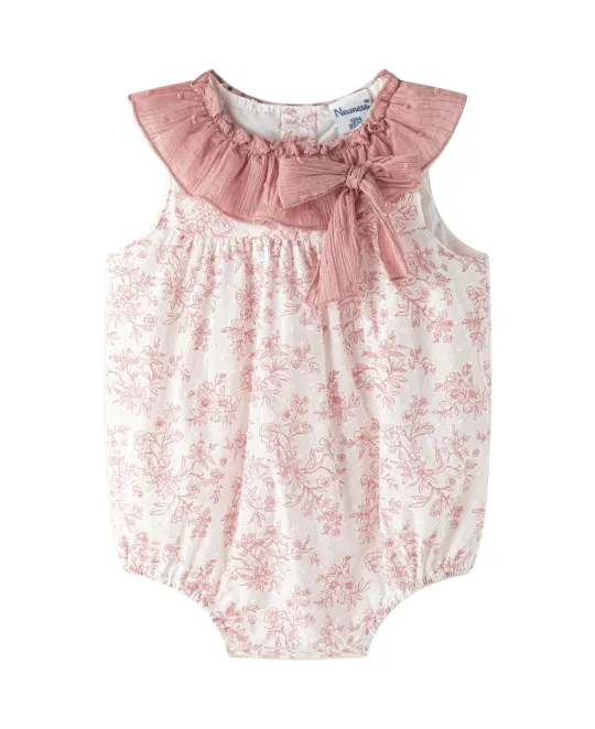 White and pink floral baby romper with ruffled collar