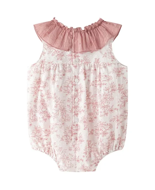 Pink and white floral print baby romper with ruffle collar