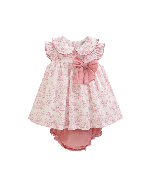 Pink and white patterned dress with matching bloomers and bow detail