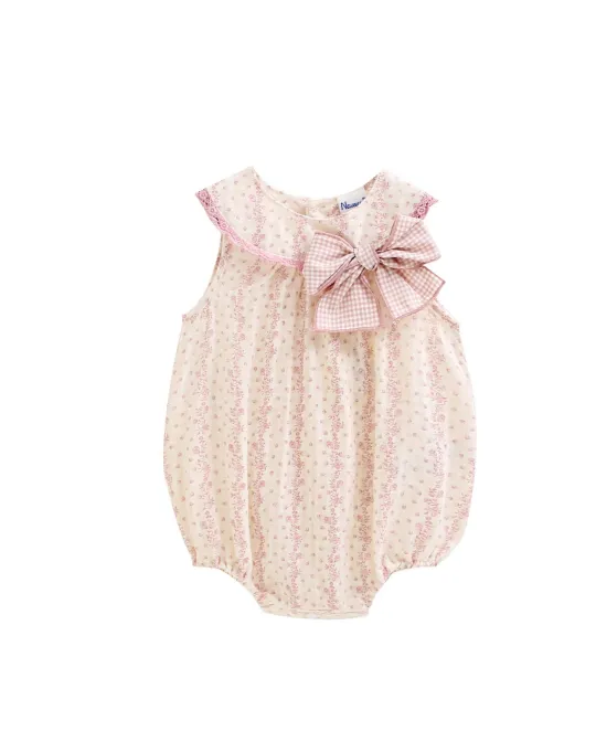 Pink and white striped baby bubble romper with shoulder bows