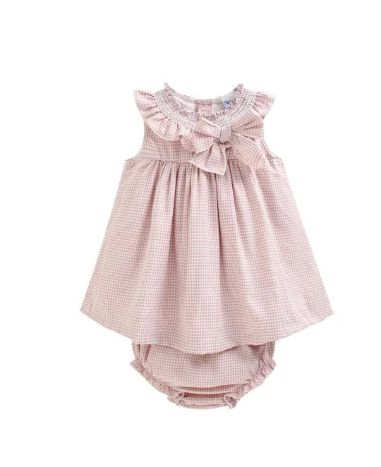 Pink sleeveless dress with floral neckline detail and matching diaper cover