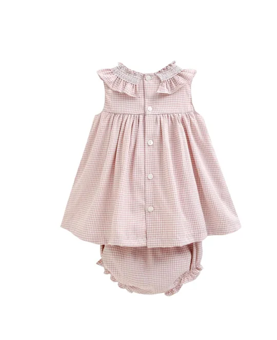 Light pink striped baby dress with matching bloomers featuring ruffle collar detail