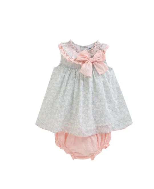 White eyelet dress with pink bow and matching bloomers