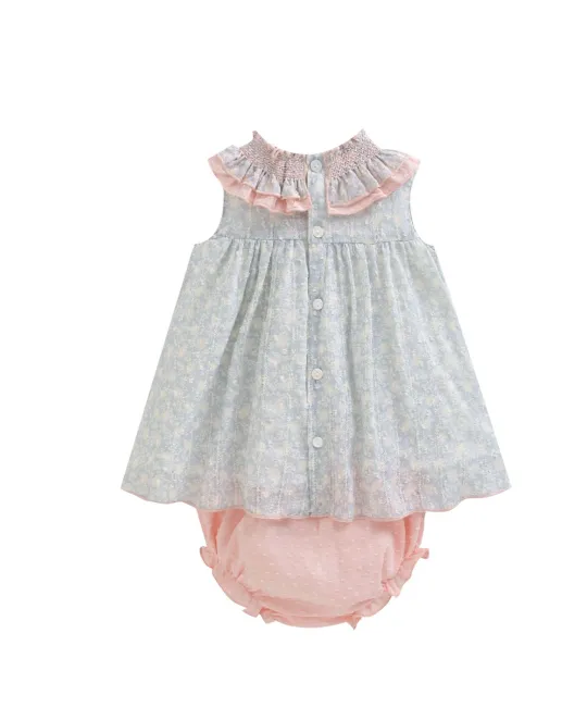 Baby dress with floral print and ruffled pink collar, paired with pink bloomers