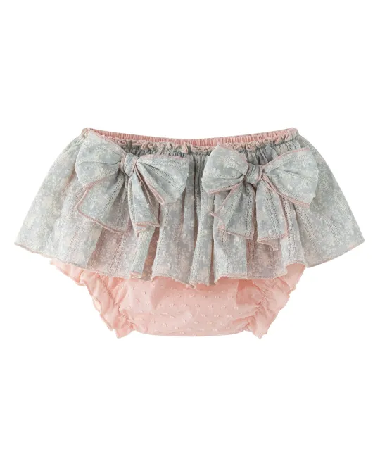 Baby diaper cover with gray floral skirt overlay and peach ruffled trim