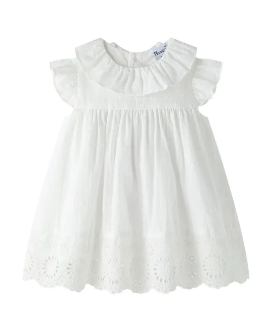 White short-sleeve dress with gathered bodice and flutter sleeves
