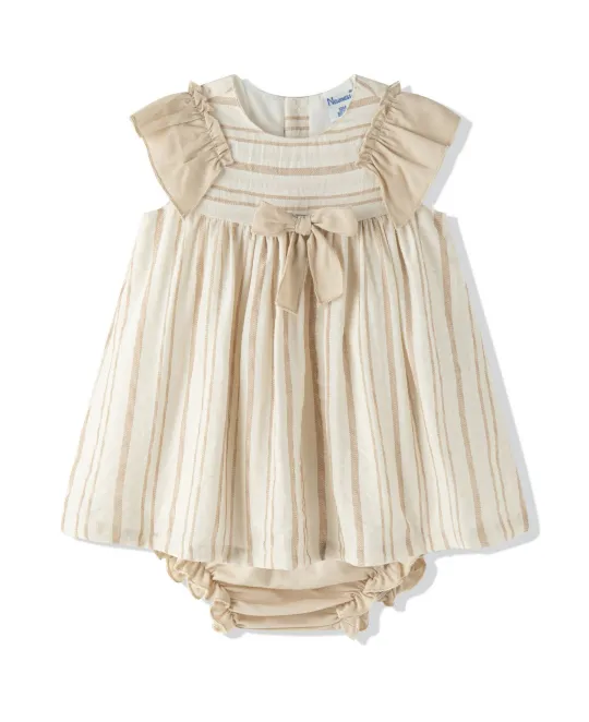Cream and beige striped baby dress with matching diaper cover