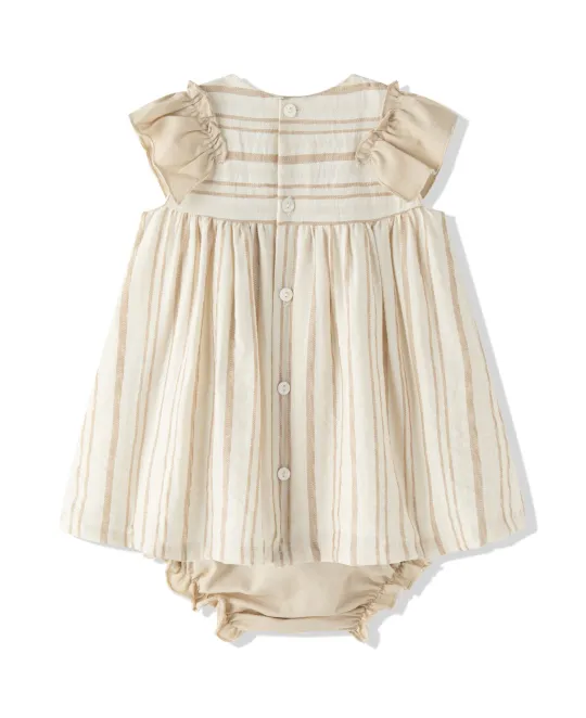 Cream and beige striped baby dress with matching bloomers
