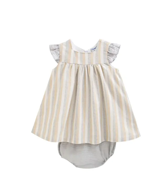 Beige and white striped baby dress with flutter sleeves and matching bloomers