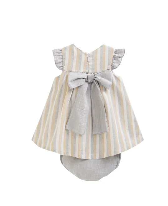 Two-piece baby outfit with yellow and white striped dress with flutter sleeves and gray bow, paired with gray bloomers