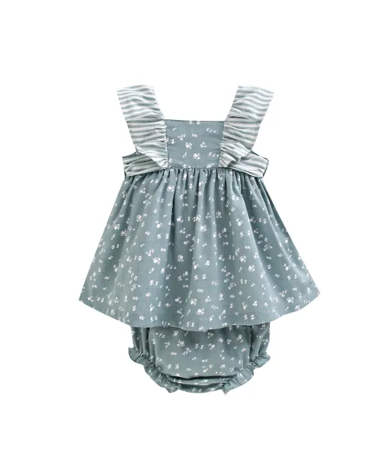 Blue polka dot baby dress with ruffled straps and matching bloomers