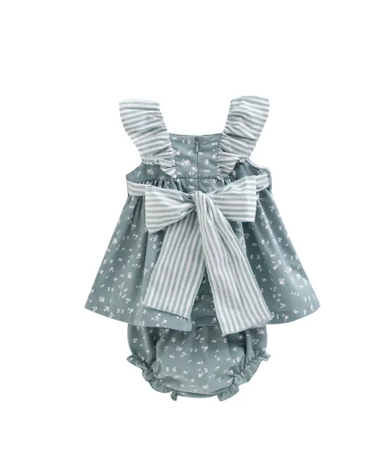 Blue floral romper with striped bow and ruffled straps